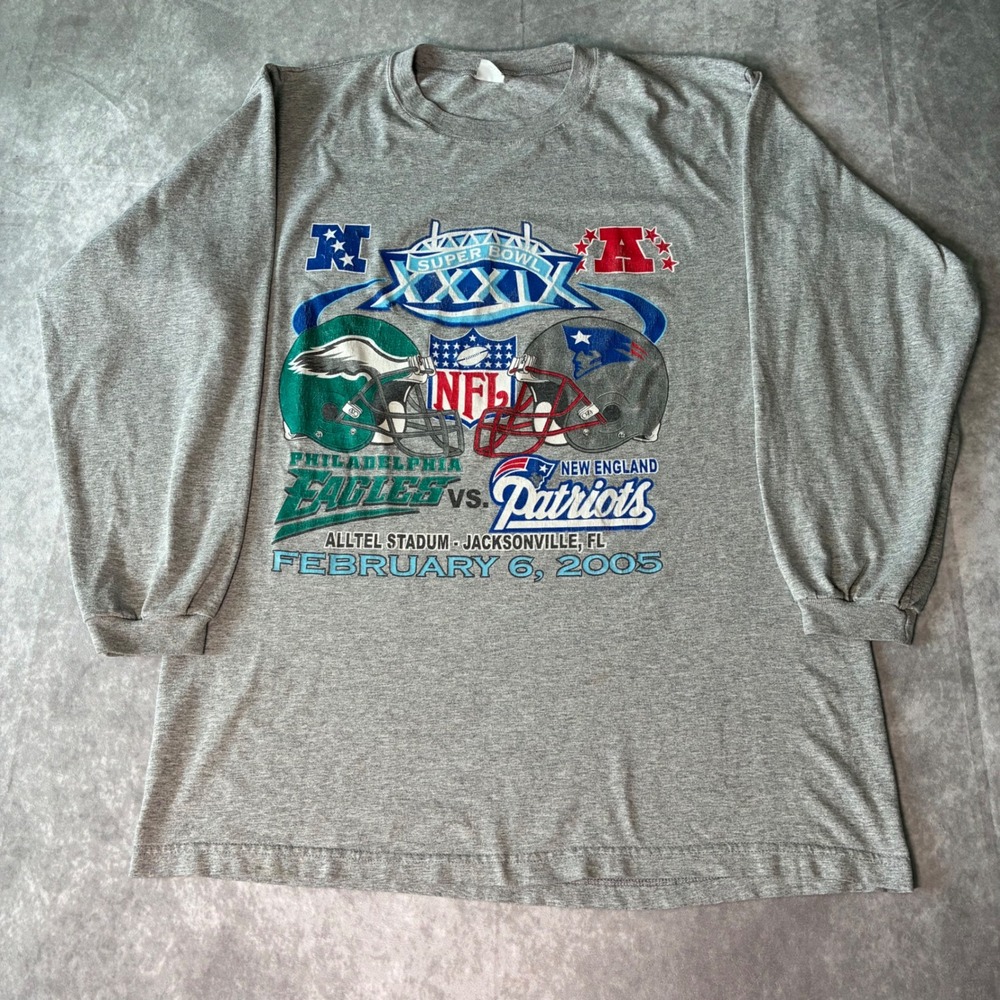 Vintage Super Bowl XXXIX 2005 Eagles vs Patriots Long Sleeve Shirt Gray XL